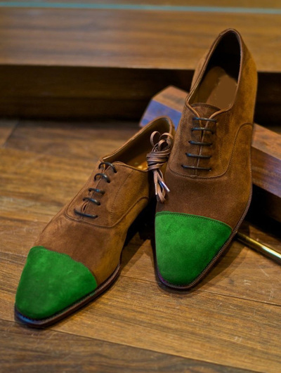 Custom Green Tone Cap Toe Handmade Brown Suede Casual Lace Up Shoes