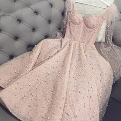 Brush pink tulle sweetheart neck tea length prom dress beaded homecoming dress,453 - Thumbnail 2