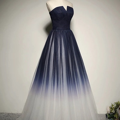 Navy blue tulle strapless long prom dress, evening dress,454