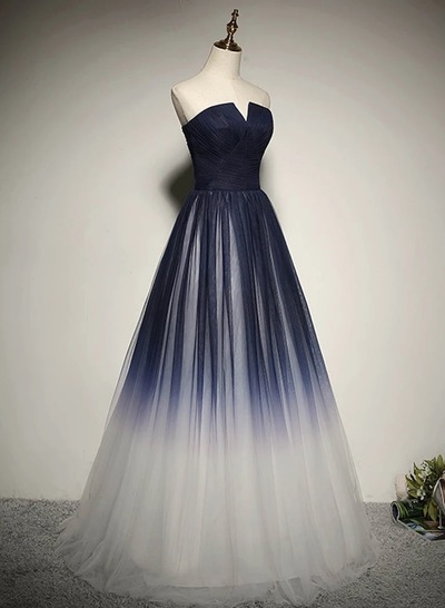 Navy Blue Tulle Strapless Long Prom Dress, Evening Dress,454