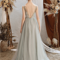 Gray tulle lace long prom dress evening dress - Thumbnail 2