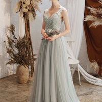 Gray tulle lace long prom dress evening dress - Thumbnail 3