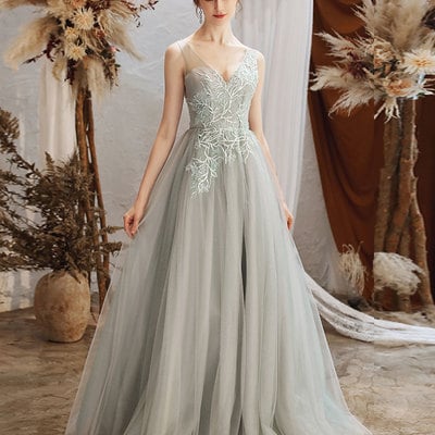 Gray tulle lace long prom dress evening dress
