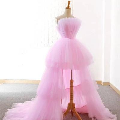 New arrival high low pink prom dresses with ruched evening dresses,457