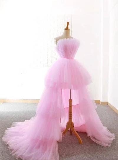 New Arrival High Low Pink Prom Dresses with Ruched Evening Dresses,457