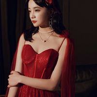 Burgundy tulle sequins long prom dress  - Thumbnail 3