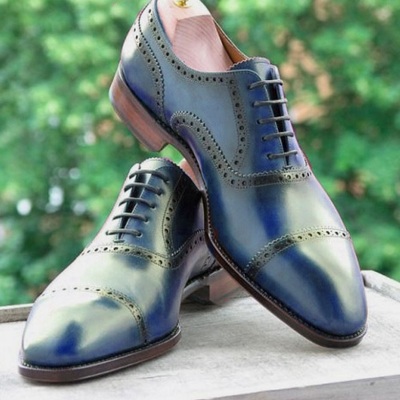 Men elegant blue leather cap toe lace up wedding handmade formal shoes