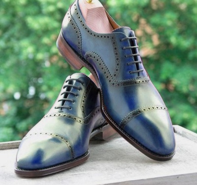 Men Elegant Blue Leather Cap Toe Lace Up Wedding Handmade Formal Shoes