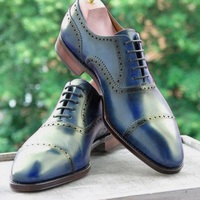Men Elegant Blue Leather Cap Toe Lace Up Wedding Handmade Formal Shoes - Thumbnail 4
