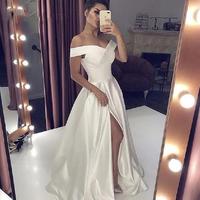 Sexy V Neck Long White Prom Dresses With High Split Elegant A-line Woman Off the Shoulder Special Evening Formal Gowns,464 - Thumbnail 1