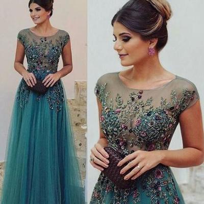 Charming a-line floor-length tulle formal prom dresses,beadings appliques evening dresses,466
