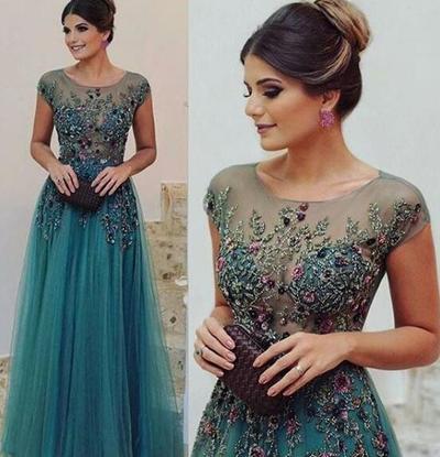 Charming A-line Floor-length Tulle Formal Prom Dresses,Beadings Appliques Evening Dresses,466