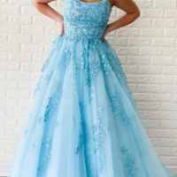 Beautiful A Line Spaghetti Straps Blue Long Prom/Evening Dresses with Appliques,455 - Thumbnail 1