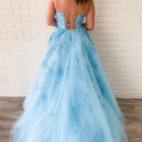 Beautiful A Line Spaghetti Straps Blue Long Prom/Evening Dresses with Appliques,455 - Thumbnail 2