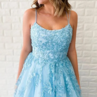 Beautiful A Line Spaghetti Straps Blue Long Prom/Evening Dresses with Appliques,455 - Thumbnail 3