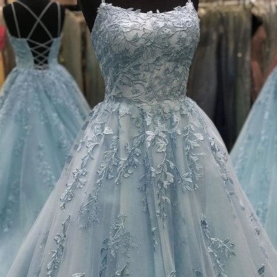 Beautiful a line spaghetti straps blue long prom/evening dresses with appliques,455