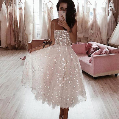 High fashion white prom party dresses spaghetti straps with appliques,470