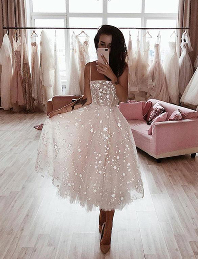 High Fashion White Prom Party Dresses Spaghetti Straps with Appliques,470