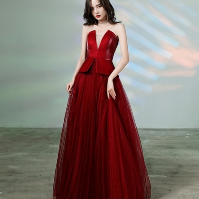 Burgundy tulle long prom dress formal dress