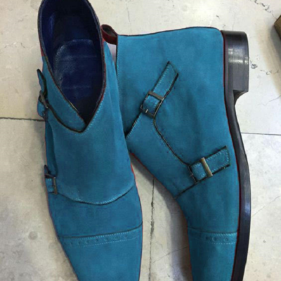 Sky blue suede double monk high ankle casual wear boot - Thumbnail 2