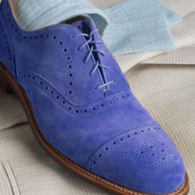 Medallion style cap toe oxfords dark blue suede casual wear lace up shoes