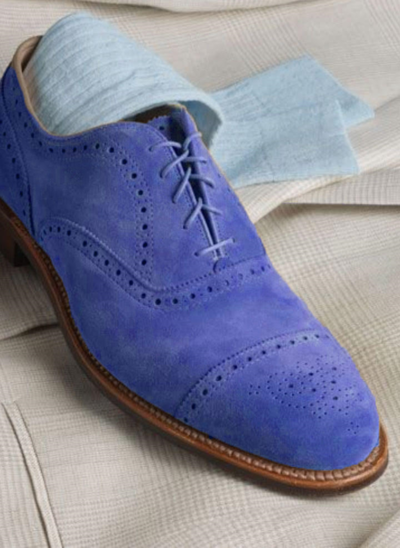 Medallion Style Cap Toe Oxfords Dark Blue Suede Casual Wear Lace Up Shoes