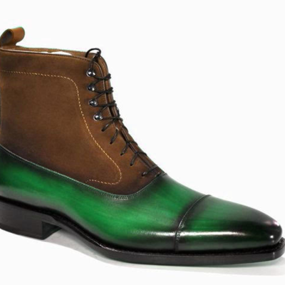Men brown green black tone leather high ankle lace up boot - Thumbnail 3