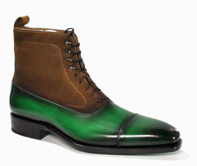 Men Brown Green Black Tone Leather High Ankle Lace Up Boot