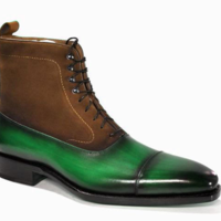 Men Brown Green Black Tone Leather High Ankle Lace Up Boot - Thumbnail 4