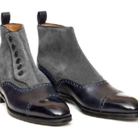 Men Button Blue Gray Suede Leather Ankle High Boot - Thumbnail 1