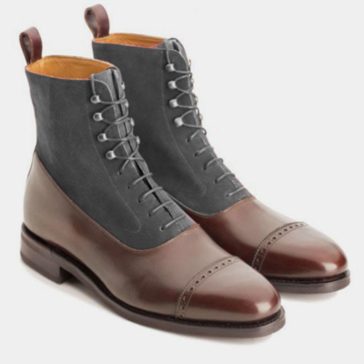 Chocolate brown gray oxford cap toe ankle high boot in suede leather - Thumbnail 2