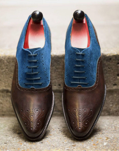 Men Chocolatey Blue Cap Toe Brogue Oxford Casual Leather Suede Shoes
