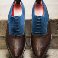 Men Chocolatey Blue Cap Toe Brogue Oxford Casual Leather Suede Shoes - Thumbnail 3