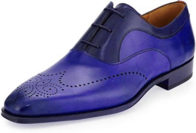 Men Royal Blue Wing Tip Brogue Oxford Casual Leather Shoes