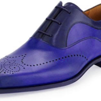 Men Royal Blue Wing Tip Brogue Oxford Casual Leather Shoes - Thumbnail 4