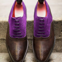 Men Chocolatey Purple Cap Toe Brogue Oxford Narrow Toe Casual Leather Suede - Thumbnail 4