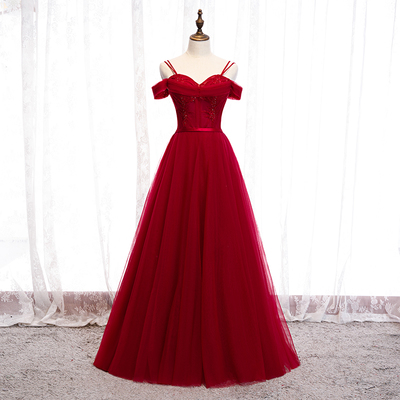 Burgundy tulle long prom dress evening dress