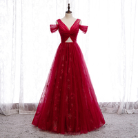 Burgundy tulle beads long prom dress - Thumbnail 1