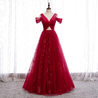 Burgundy tulle beads long prom dress