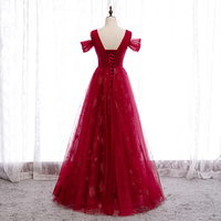 Burgundy tulle beads long prom dress - Thumbnail 3