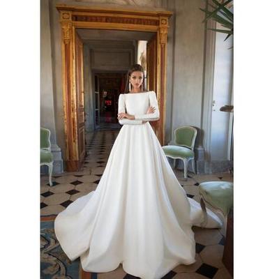 Wedding dresses a line satin backless sweep train long sleeve wedding gowns bateau neck winter bridal dress plus size,472 - Thumbnail 4