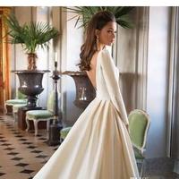Wedding Dresses A Line Satin Backless Sweep Train Long Sleeve Wedding Gowns Bateau Neck Winter Bridal Dress Plus Size,472 - Thumbnail 1