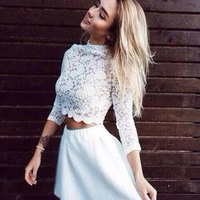 Cute Two Piece Long Sleeve White Lace Homecoming Dress Short Prom Dress,473 - Thumbnail 1