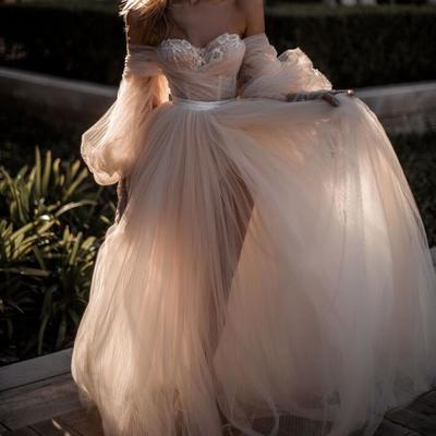 Charming off the shoulder tulle wedding dresses,long sleeves bridal dresses,lace wedding dresses,476 - Thumbnail 4