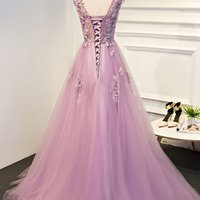 A Line Vilot Lace O Neck Tulle Evening Gowns,Applique Long Prom Dress,478 - Thumbnail 1