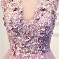 A Line Vilot Lace O Neck Tulle Evening Gowns,Applique Long Prom Dress,478 - Thumbnail 2