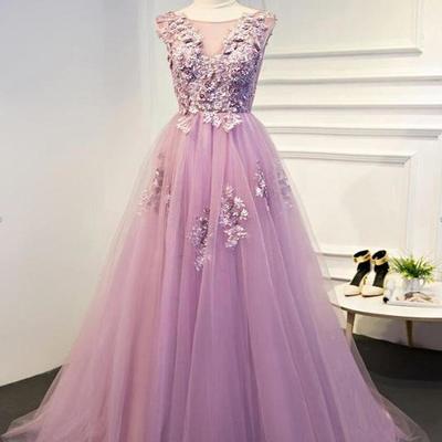 A line vilot lace o neck tulle evening gowns,applique long prom dress,478