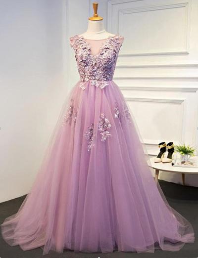 A Line Vilot Lace O Neck Tulle Evening Gowns,Applique Long Prom Dress,478