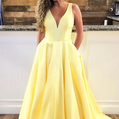 Yellow v-neck long prom dresses with pockets,graduation dress,satin evening ball gowns for women,479