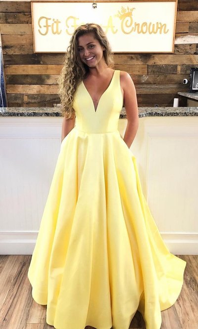 Yellow V-Neck Long Prom Dresses with Pockets,Graduation Dress,Satin Evening Ball Gowns for Women,479